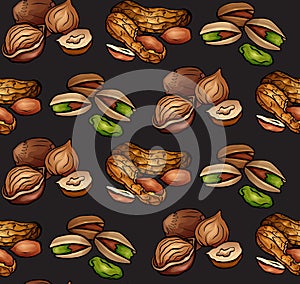 Seamless pattern with colored cartoon nuts on dark background. Peanuts, hazelnut, pistachios.
